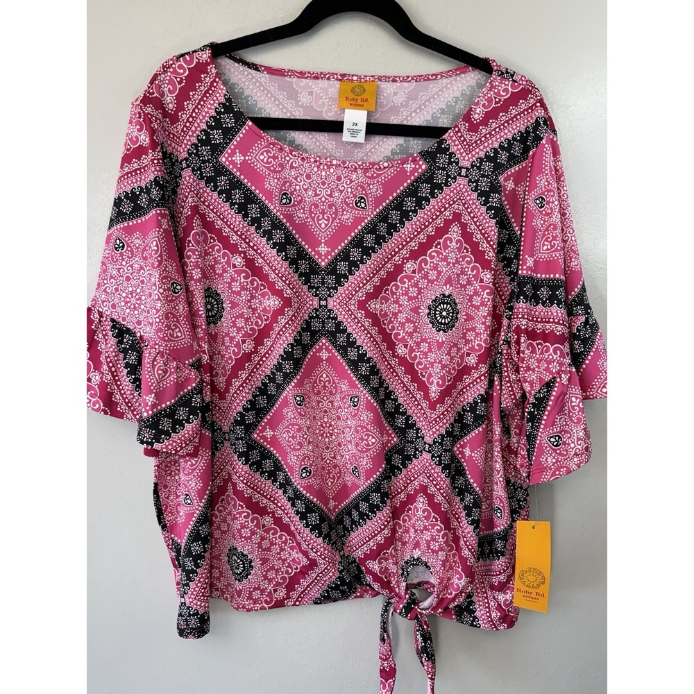 NWT Ruby‎ Rd Plus Size Hot Pink /Black Side Tie Blouse W Bell Sleeves Size 2X
